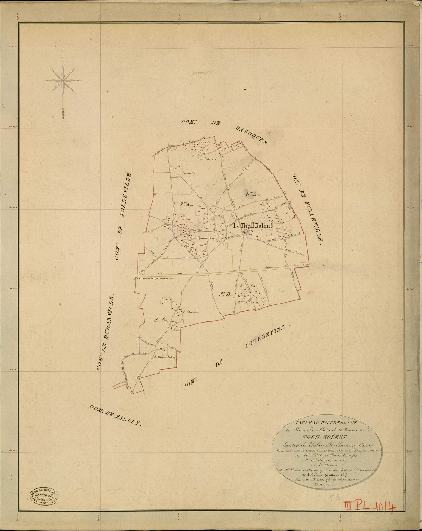 Theil-Nolent (Le). Tableau d'assemblage _ du Plan Parcellaire de la Commune de Theil Nolent _ Canton de Thiberville - Bernay - Eure. _ Terminé sur le Terrain le 20 Juin 1849 , sous l'administration de M. Petit de Bantel, Préfet _ M. Philipp