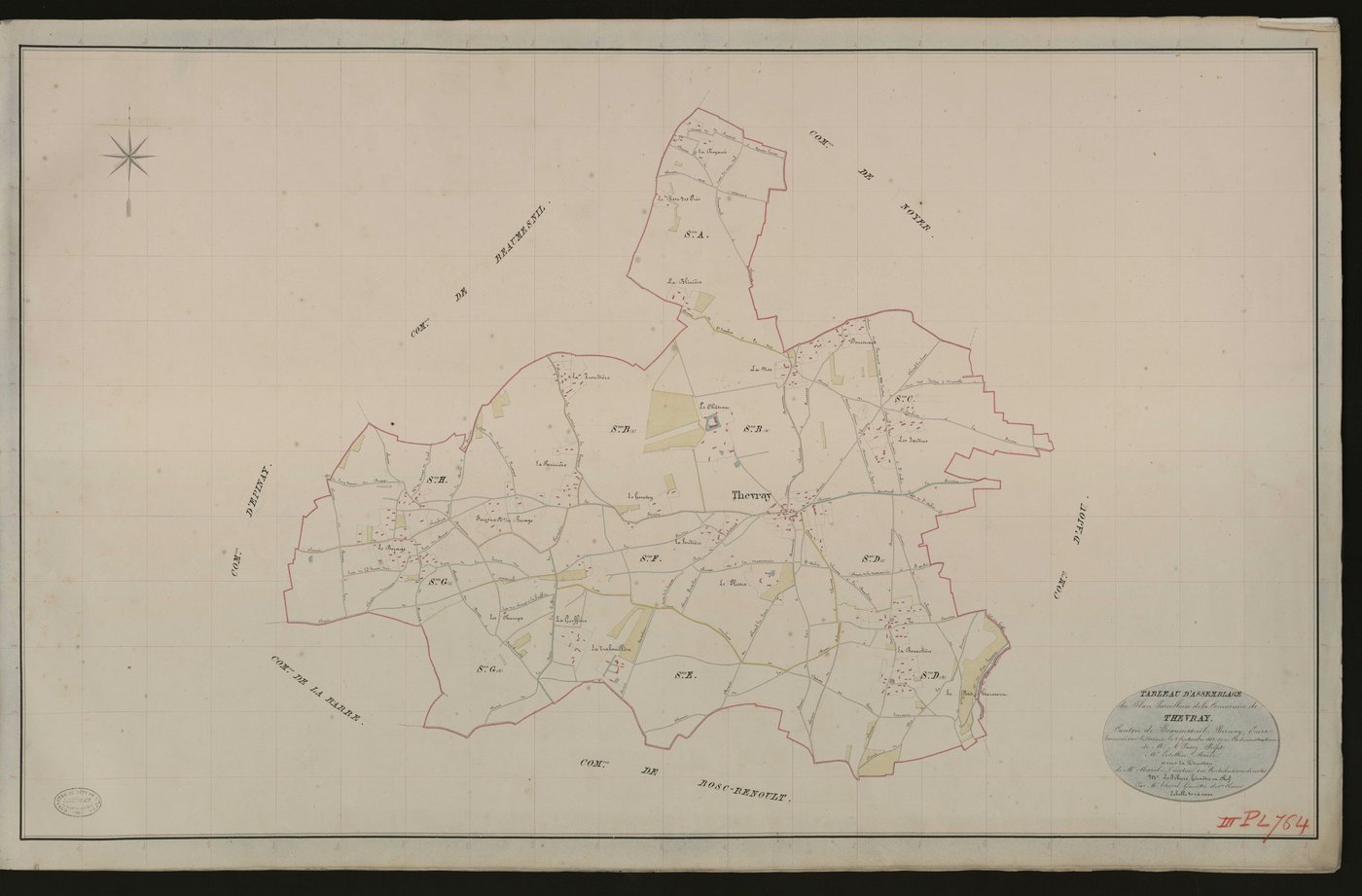 Thevray. Tableau d'assemblage _ du Plan Parcellaire de la Commune de Thevrayl. _ Canton de Beaumesnil - Bernay - Eure. _ Terminé sur le terrain le 2 septembre 1833 sous l'administration de M. A. Passy, Préfet _ M.Letellier maire _ en sous l