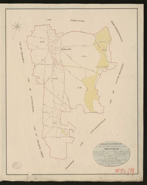 Thibouville. Tableau d'assemblage du Plan Parcellaire de la Commune de Thibouville _ Canton de Beaumont-le-Roger - Bernay - Eure. _ Terminé sur le terrain le 1826, sous l'administration de M. Le Vicomte Raymond Delaitre, Préfet - M. Chouel,