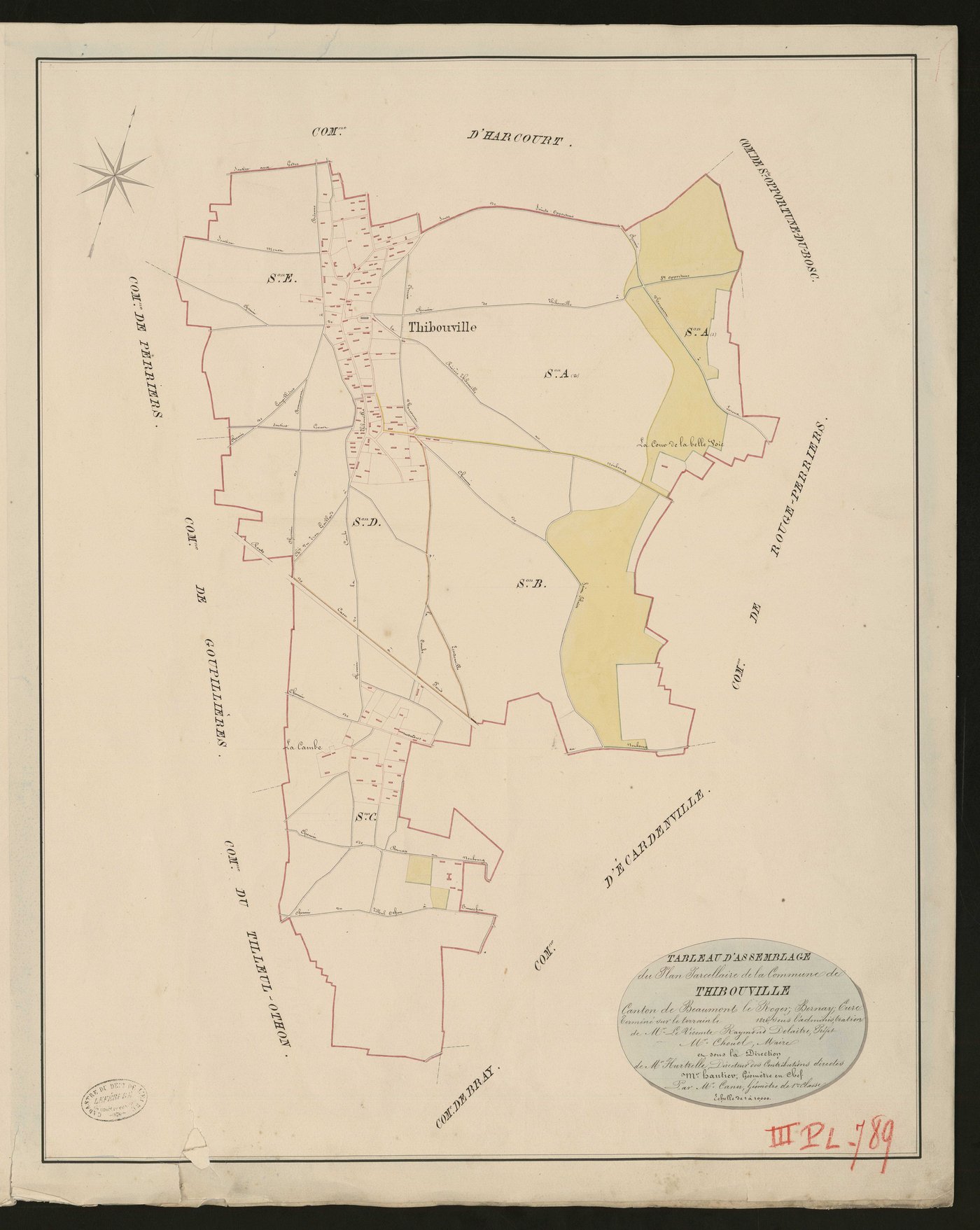 Thibouville. Tableau d'assemblage du Plan Parcellaire de la Commune de Thibouville _ Canton de Beaumont-le-Roger - Bernay - Eure. _ Terminé sur le terrain le 1826, sous l'administration de M. Le Vicomte Raymond Delaitre, Préfet - M. Chouel,