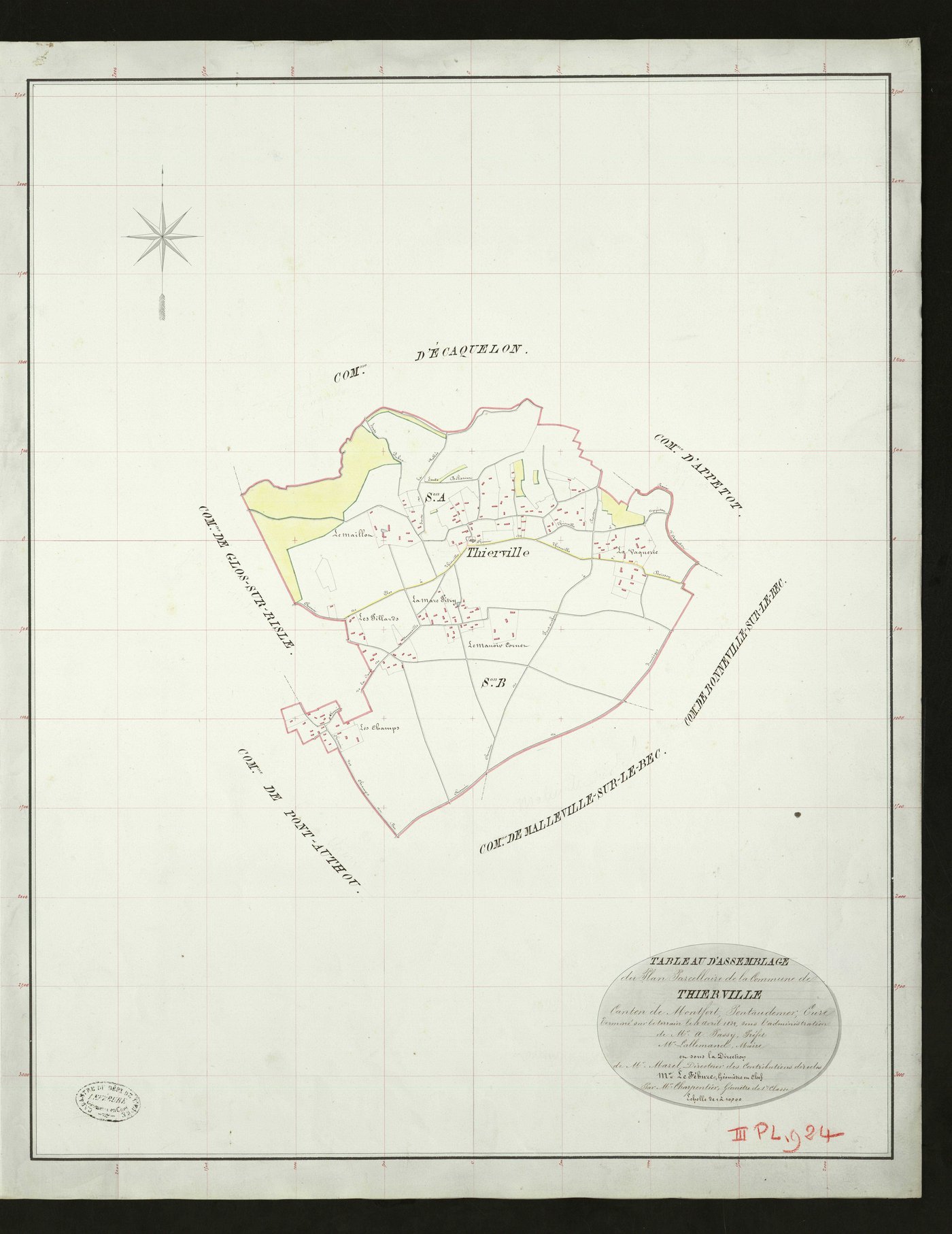 Thierville. Tableau d'assemblage _ du Plan Parcellaire de la Commune de Thierville _ Canton de Montfort - Pontaudemer - Eure. _ Terminé sur le Terrain le 10 avril 1832, sous l'administration de M. A Passy, Préfet _ M.Lallemand, Maire _ sous