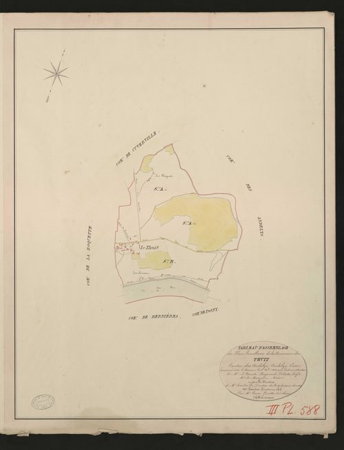 Thuit (Le). Tableau d'assemblage du Plan Parcellaire de la Commune du Thuit. _ Canton des Andelys - Andelys, Eure. _ Terminé le terrain en 1830, sous l'administration de M. Le Vicomte Raymond Delaitre, Préfet - M. de Meaupon, Maire et sous 