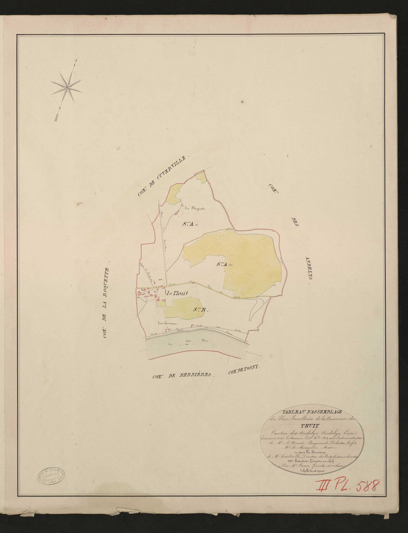 Thuit (Le). Tableau d'assemblage du Plan Parcellaire de la Commune du Thuit. _ Canton des Andelys - Andelys, Eure. _ Terminé le terrain en 1830, sous l'administration de M. Le Vicomte Raymond Delaitre, Préfet - M. de Meaupon, Maire et sous 
