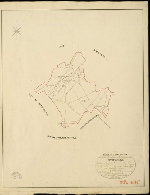 Thuit-Anger (le). Tableau d'assemblage _ du Plan Parcellaire de la Commune de Thuit-Anger _ Canton d'Amfreville - Louviers - Eure. _ Terminé sur le Terrain en 1828 , sous l'administration de M. Le Vicomte Raymond Delaître , Préfet _ M. Dela