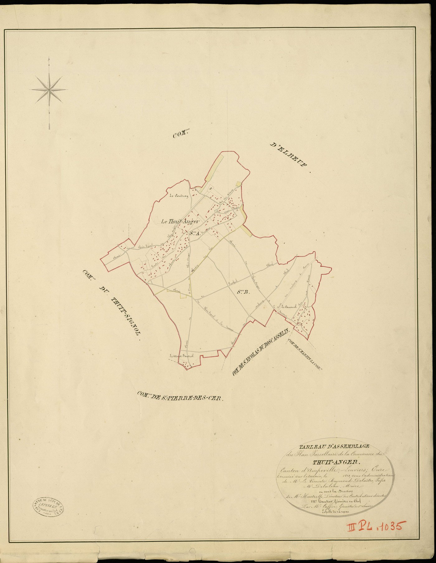 Thuit-Anger (le). Tableau d'assemblage _ du Plan Parcellaire de la Commune de Thuit-Anger _ Canton d'Amfreville - Louviers - Eure. _ Terminé sur le Terrain en 1828 , sous l'administration de M. Le Vicomte Raymond Delaître , Préfet _ M. Dela