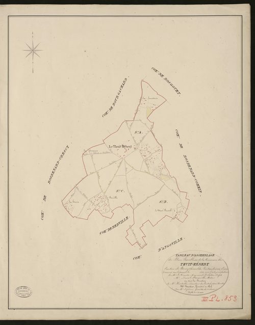Thuit-Hébert. Tableau d'assemblage du Plan Parcellaire de la Commune de Thuit-Hébert. _ Canton de Bourgtheroulde - Pontaudemer - Eure. _ Terminé sur le terrain en 1828, sous l'administration de M. Le Vicomte Raymond Delaitre, Préfet - M. Du