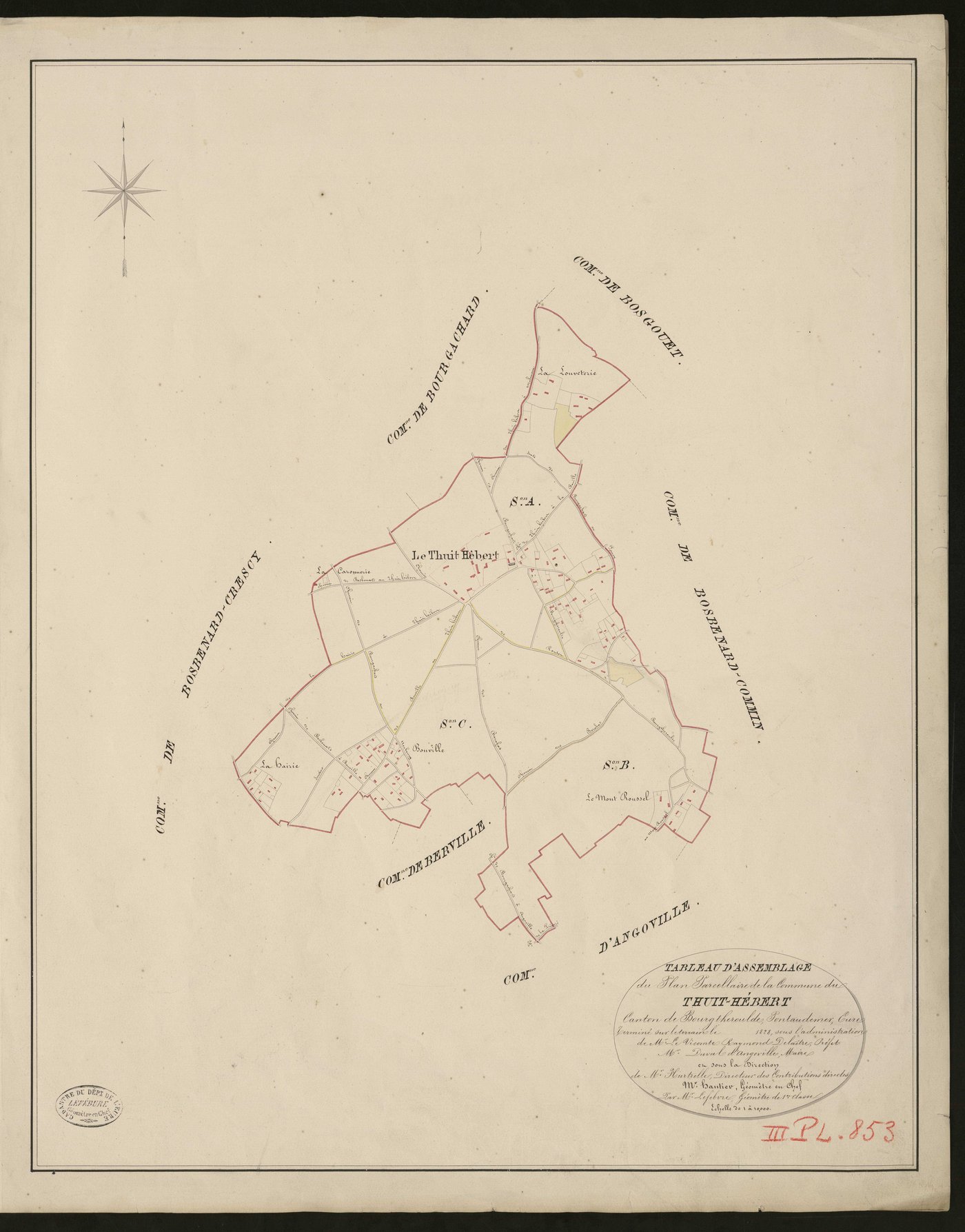 Thuit-Hébert. Tableau d'assemblage du Plan Parcellaire de la Commune de Thuit-Hébert. _ Canton de Bourgtheroulde - Pontaudemer - Eure. _ Terminé sur le terrain en 1828, sous l'administration de M. Le Vicomte Raymond Delaitre, Préfet - M. Du