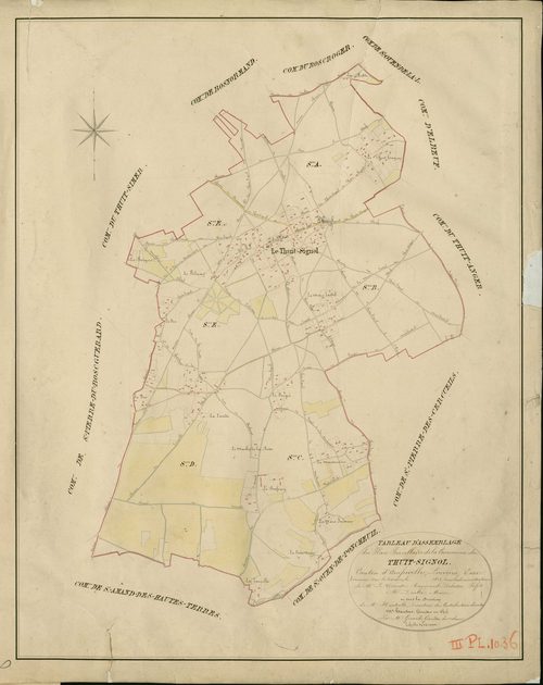 Thuit-Signol (Le). Tableau d'assemblage _ du Plan Parcellaire de la Commune de Thuit-Signol _ Canton d'Amfreville - Louviers - Eure. _ Terminé sur le Terrain en 1828 , sous l'administration de M. Le Vicomte Raymond Delaître , Préfet _ M. Do
