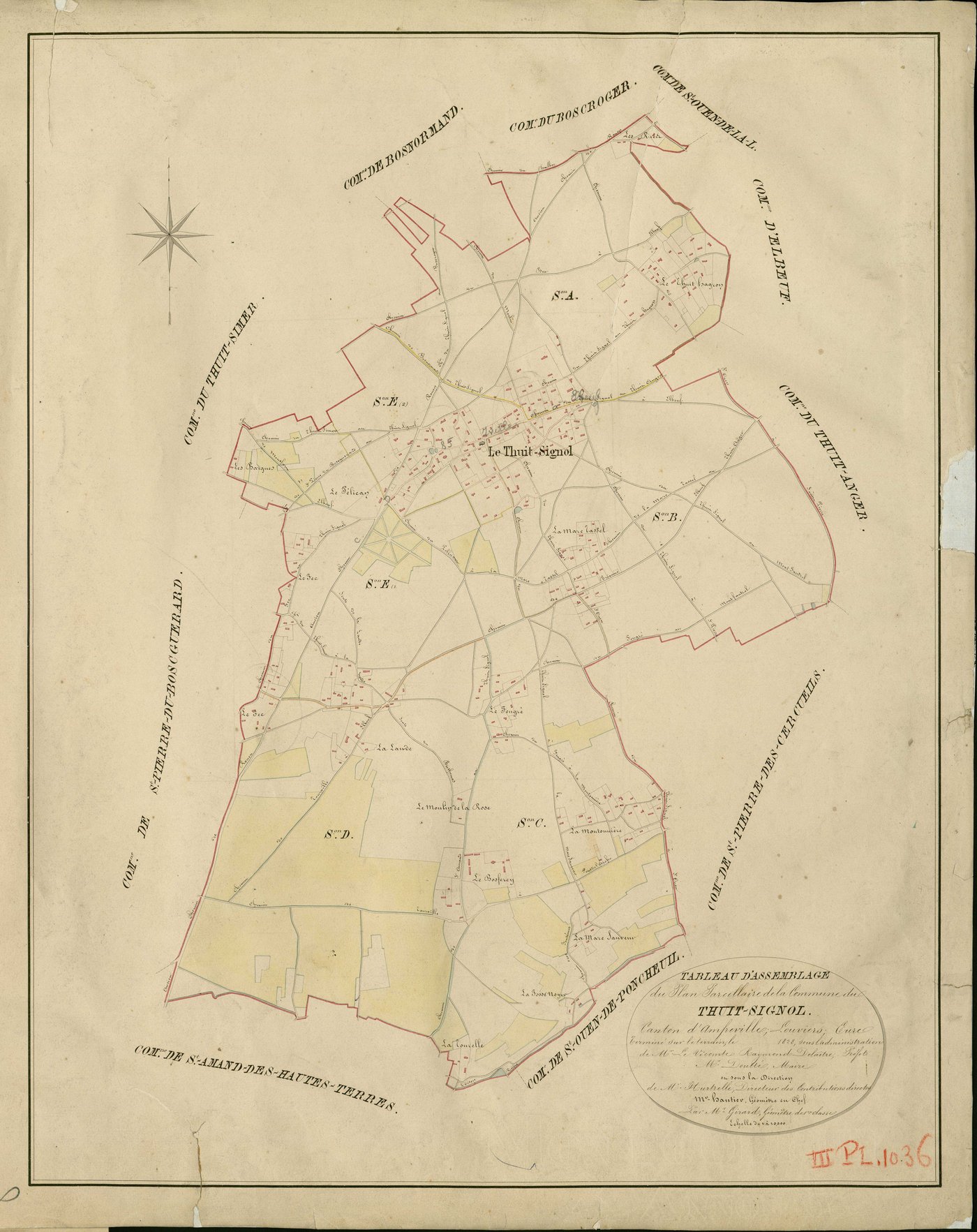 Thuit-Signol (Le). Tableau d'assemblage _ du Plan Parcellaire de la Commune de Thuit-Signol _ Canton d'Amfreville - Louviers - Eure. _ Terminé sur le Terrain en 1828 , sous l'administration de M. Le Vicomte Raymond Delaître , Préfet _ M. Do