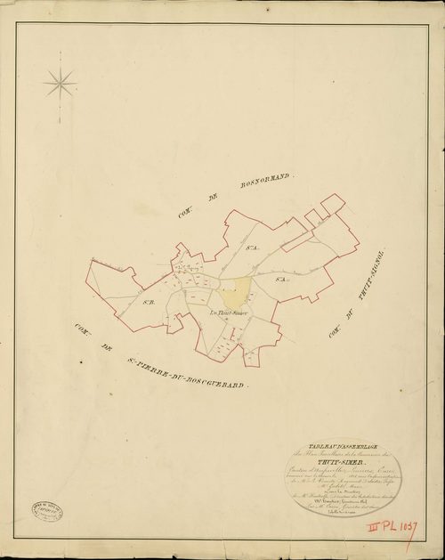 Thuit-Simer (Le). Tableau d'assemblage _ du Plan Parcellaire de la Commune de Thuit-Simer _ Canton d'Amfreville - Louviers - Eure. _ Terminé sur le Terrain en 1828 , sous l'administration de M. Le Vicomte Raymond Delaître , Préfet _ M. Gode
