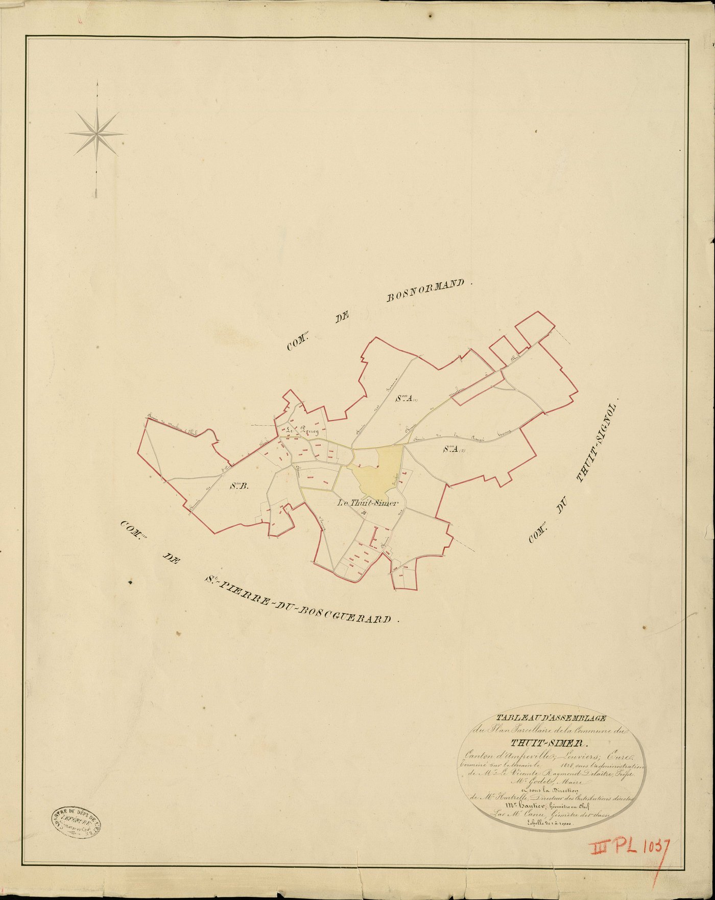 Thuit-Simer (Le). Tableau d'assemblage _ du Plan Parcellaire de la Commune de Thuit-Simer _ Canton d'Amfreville - Louviers - Eure. _ Terminé sur le Terrain en 1828 , sous l'administration de M. Le Vicomte Raymond Delaître , Préfet _ M. Gode