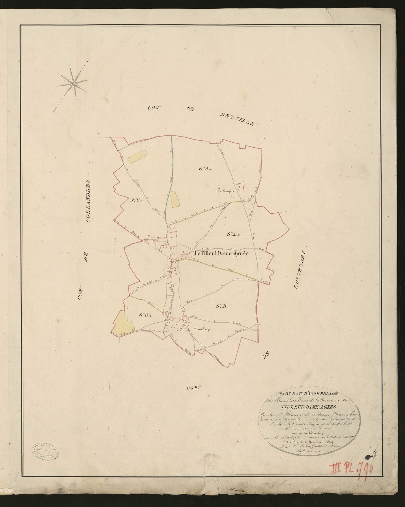 Tilleul-Dame-Agnès. Tableau d'assemblage du Plan Parcellaire de la Commune de Tilleul-Dame-Agnès _ Canton de Beaumont-le-Roger - Bernay - Eure. _ Terminé sur le terrain le 1826, sous l'administration de M. Le Vicomte Raymond Delaitre, Préfe