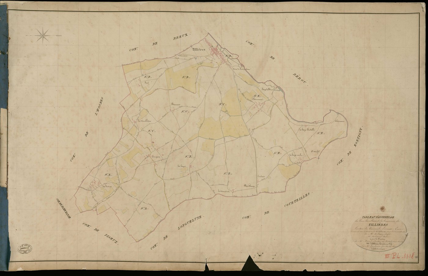 Tillières-sur-Avre. Tableau d'assemblage _ du Plan Parcellaire de la Commune de Tillières _ Canton de Verneuil - Evreux - Eure. _ Terminé sur le Terrain le 4 Octobre 1835, sous l'administration de M. A. Passy, Préfet _ M. Nobramy, Maire _ e