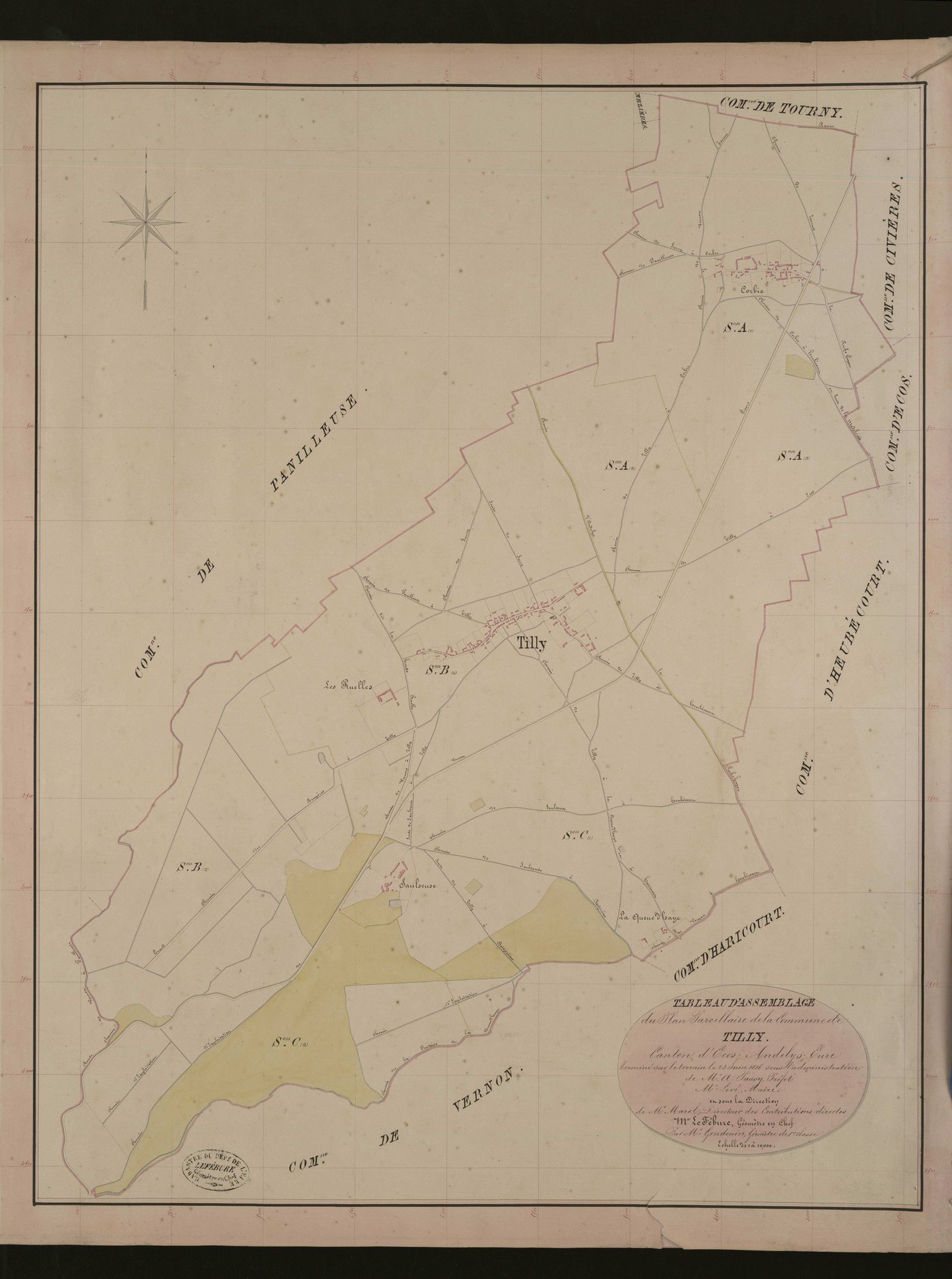 Tilly. Tableau d'assemblage du Plan Parcellaire de la Commune de Tilly. _ Canton d'Ecos - Andelys - Eure. _ Terminé sur le terrain le 23 Juin 1836, sous l'administration de M. A Passy, Préfet - M. Lecellier, Maire et sous la direction de M.