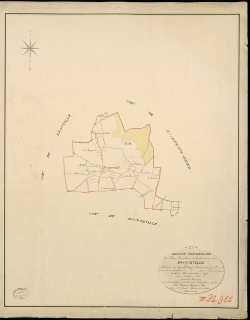 Tocqueville. Tableau d'assemblage _ du Plan Parcellaire de la Commune de Tocqueville _ Canton de Quillebeuf - Pontaudemer - Eure. _ Terminé sur le Terrain en 1824, sous l'administration de M. de Chambaudoin, Préfet _ M. Letellier, Maire _ s