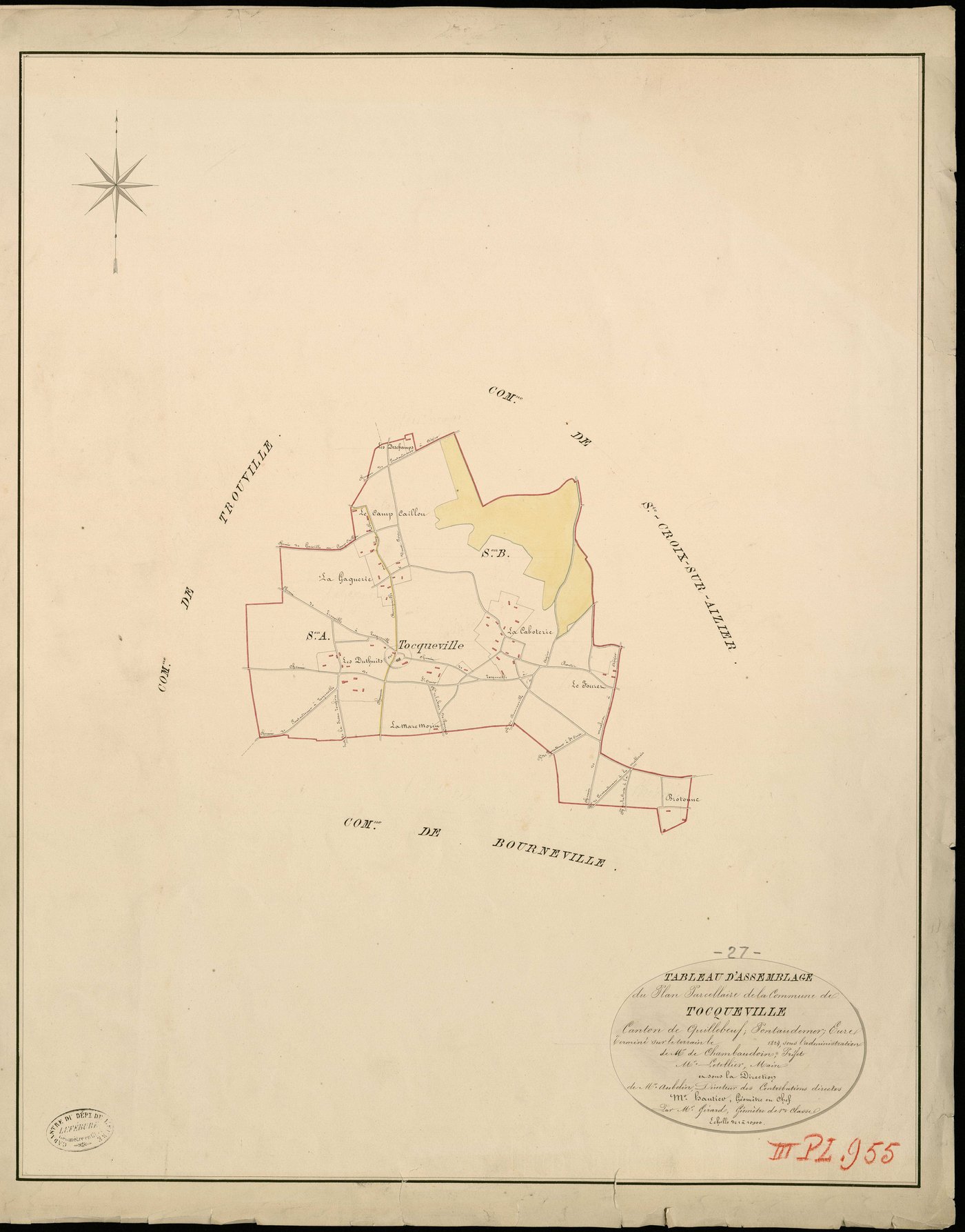 Tocqueville. Tableau d'assemblage _ du Plan Parcellaire de la Commune de Tocqueville _ Canton de Quillebeuf - Pontaudemer - Eure. _ Terminé sur le Terrain en 1824, sous l'administration de M. de Chambaudoin, Préfet _ M. Letellier, Maire _ s