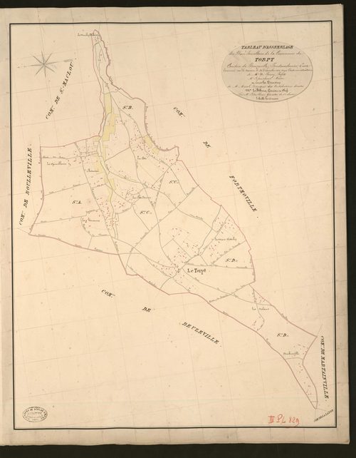 Torpt (Le). Tableau d'assemblage _ du Plan Parcellaire de la Commune du Torpt _ Canton de Beuzeville - Pontaudemer - Eure. _ Terminé sur le terrain le 31 décembre 1833, sous l'administration de M. A Passy, Préfet _ M. Lefaucheur, maire _ en