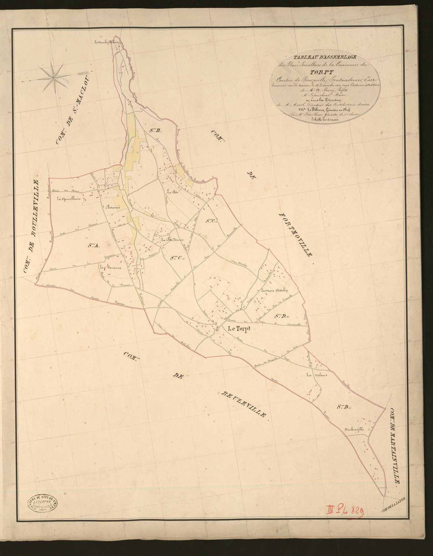 Torpt (Le). Tableau d'assemblage _ du Plan Parcellaire de la Commune du Torpt _ Canton de Beuzeville - Pontaudemer - Eure. _ Terminé sur le terrain le 31 décembre 1833, sous l'administration de M. A Passy, Préfet _ M. Lefaucheur, maire _ en