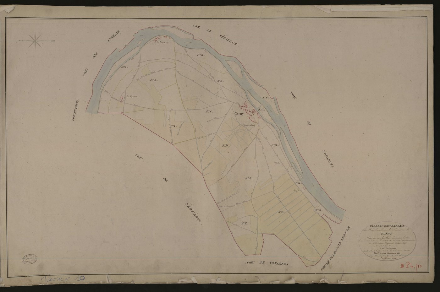 Tosny. Tableau d'assemblage du Plan Parcellaire de la Commune de Tosny _ Canton de Gaillon - Louviers - Eure. _ Terminé sur le terrain en 1829, sous l'administration de M. Le Vicomte Raymond Delaitre, Préfet - M. Potel, Maire et sous la dir