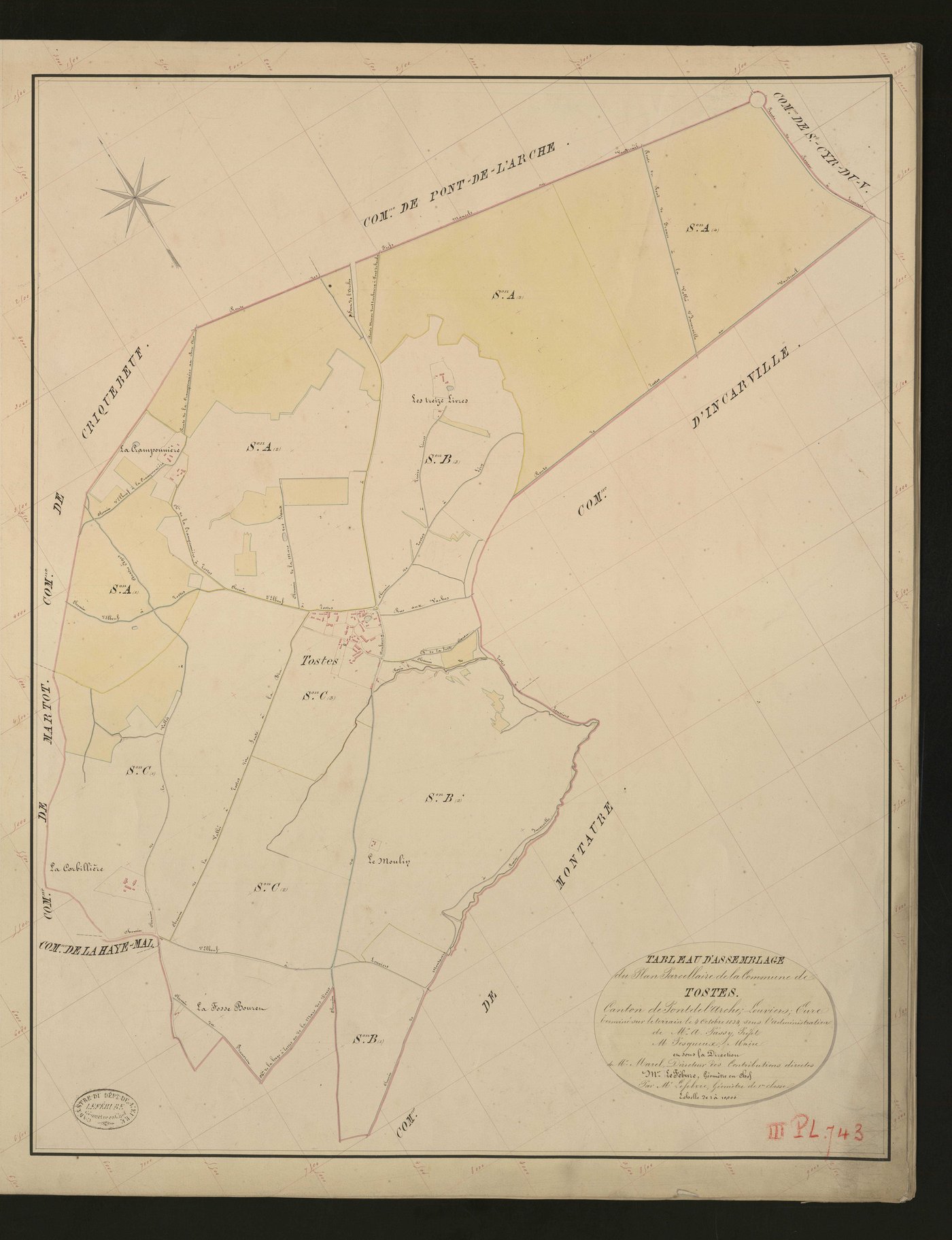 Tostes. Tableau d'assemblage _ du Plan Parcellaire de la Commune de Tostes. _ Canton de Pont-de-l'Arche - Louviers - Eure. _ Terminé sur le terrain le 24 février 1834 sous l'administration de M. A. Passy, Préfet _ M. Pesqueux, maire _ en so