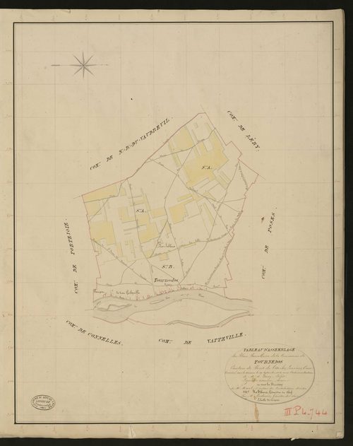 Tournedos-sur-Seine. Tableau d'assemblage _ du Plan Parcellaire de la Commune de Tournedos. _ Canton de Pont-de-l'Arche - Louviers - Eure. _ Terminé sur le terrain le 29 septembre 1834 sous l'administration de M. A. Passy, Préfet _ M. Legen