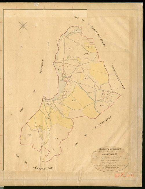 Tourneville. Tableau d'assemblage _ du Plan Parcellaire de la Commune de Tourneville _ Canton de Evreux (nord) - Evreux - Eure. _ Terminé sur le Terrain le 13 Juillet 1841 , sous l'administration de M. de Monicault, Préfet _ M. Foucher, Mai