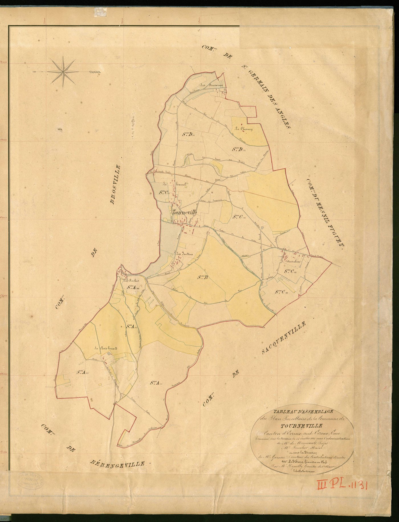 Tourneville. Tableau d'assemblage _ du Plan Parcellaire de la Commune de Tourneville _ Canton de Evreux (nord) - Evreux - Eure. _ Terminé sur le Terrain le 13 Juillet 1841 , sous l'administration de M. de Monicault, Préfet _ M. Foucher, Mai
