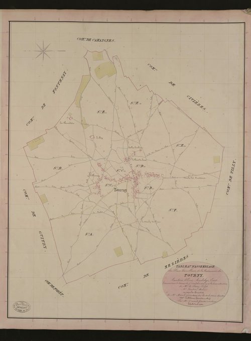 Tourny. Tableau d'assemblage du Plan Parcellaire de la Commune de Tourny. _ Canton d'Ecos - Andelys - Eure. _ Terminé sur le terrain le 9 décembre 1836, sous l'administration de M. A Passy, Préfet - M. Pantin, Maire et sous la direction de 
