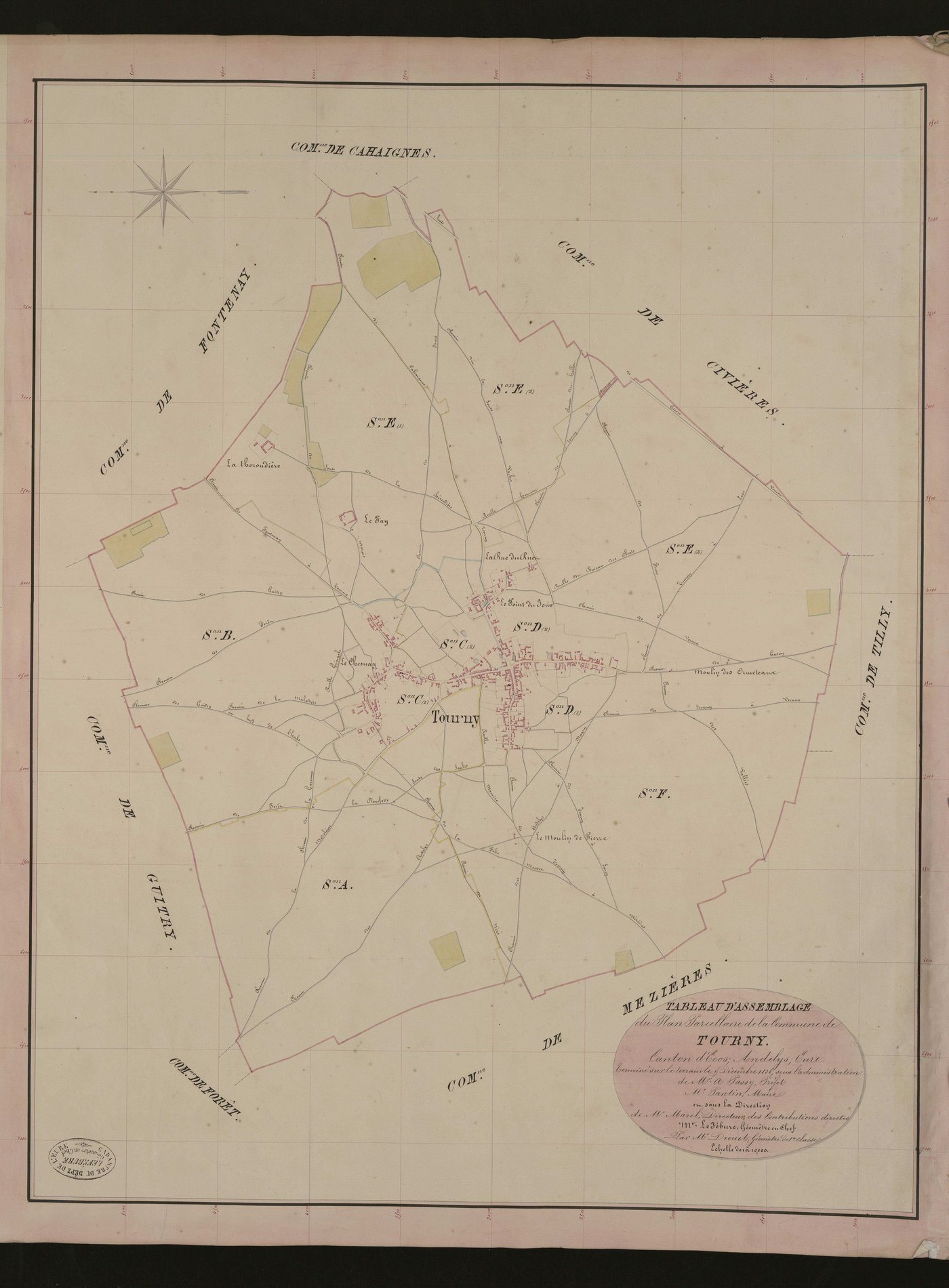Tourny. Tableau d'assemblage du Plan Parcellaire de la Commune de Tourny. _ Canton d'Ecos - Andelys - Eure. _ Terminé sur le terrain le 9 décembre 1836, sous l'administration de M. A Passy, Préfet - M. Pantin, Maire et sous la direction de 
