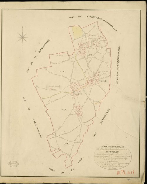 Tourville-la-Campagne. Tableau d'assemblage _ du Plan Parcellaire de la Commune de Tourville _ Canton d'Amfreville - Louviers - Eure. _ Terminé sur le Terrain en 1828 , sous l'administration de M. Le Vicomte Raymond Delaître , Préfet _ M. H