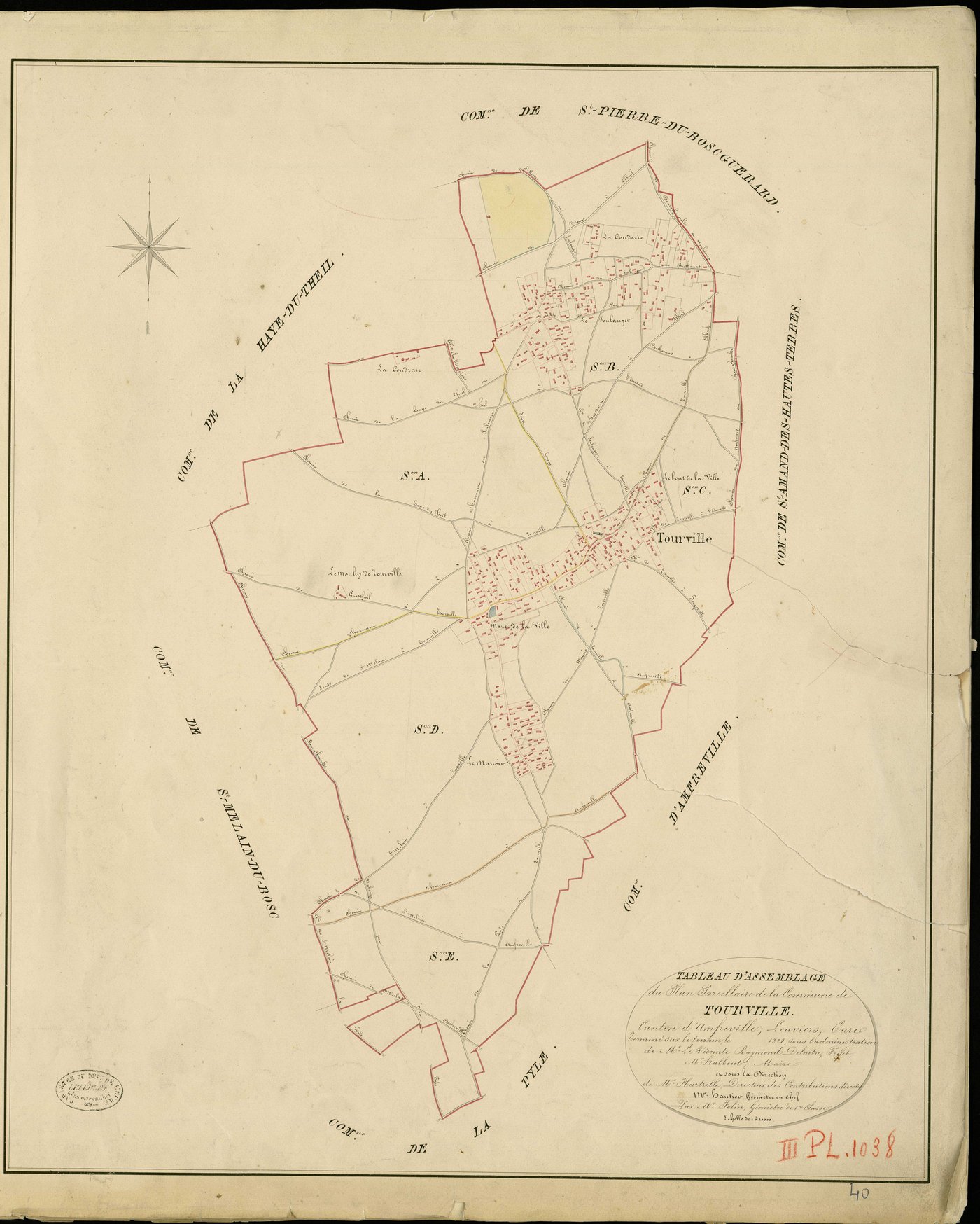 Tourville-la-Campagne. Tableau d'assemblage _ du Plan Parcellaire de la Commune de Tourville _ Canton d'Amfreville - Louviers - Eure. _ Terminé sur le Terrain en 1828 , sous l'administration de M. Le Vicomte Raymond Delaître , Préfet _ M. H
