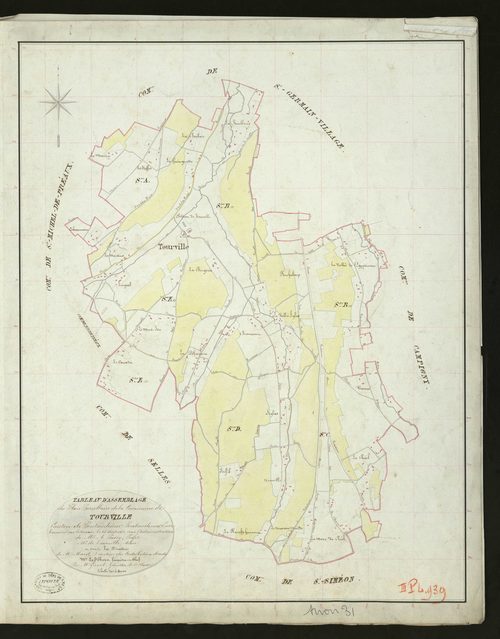 Tourville-sur-Pont-Audemer. Tableau d'assemblage _ du Plan Parcellaire de la Commune de Tourville _ Canton de Pontaudemer - Pontaudemer - Eure. _ Terminé sur le Terrain le 25 avril 1832, sous l'administration de M. A Passy, Préfet _ M.Tourv