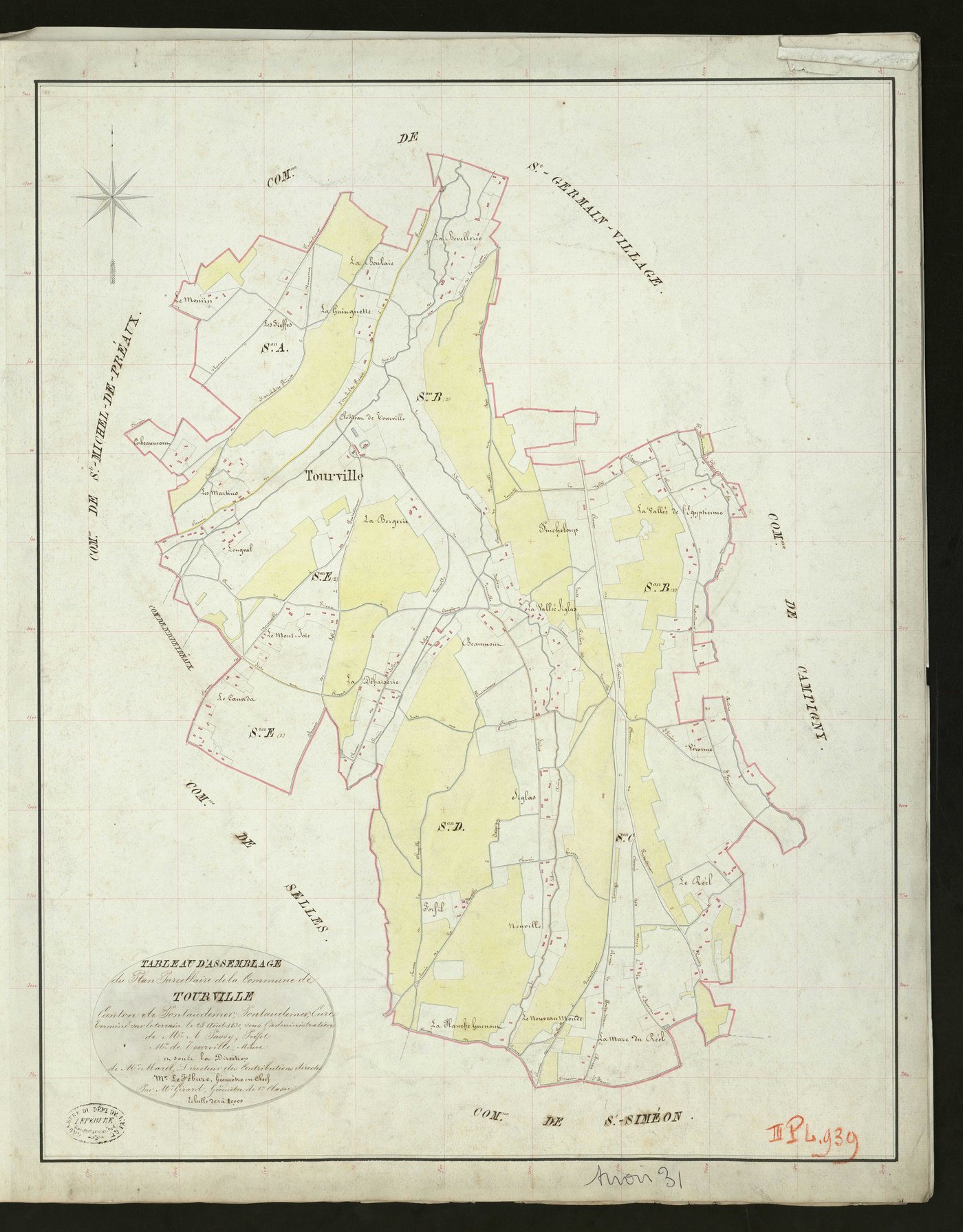 Tourville-sur-Pont-Audemer. Tableau d'assemblage _ du Plan Parcellaire de la Commune de Tourville _ Canton de Pontaudemer - Pontaudemer - Eure. _ Terminé sur le Terrain le 25 avril 1832, sous l'administration de M. A Passy, Préfet _ M.Tourv