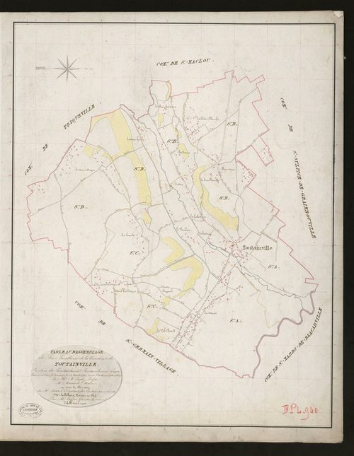 Toutainville. Tableau d'assemblage _ du Plan Parcellaire de la Commune de Toutainville _ Canton de Pontaudemer - Pontaudemer - Eure. _ Terminé sur le Terrain le 14 Aout 1832, sous l'administration de M. A Passy, Préfet _ M.Roussel, Maire _ 
