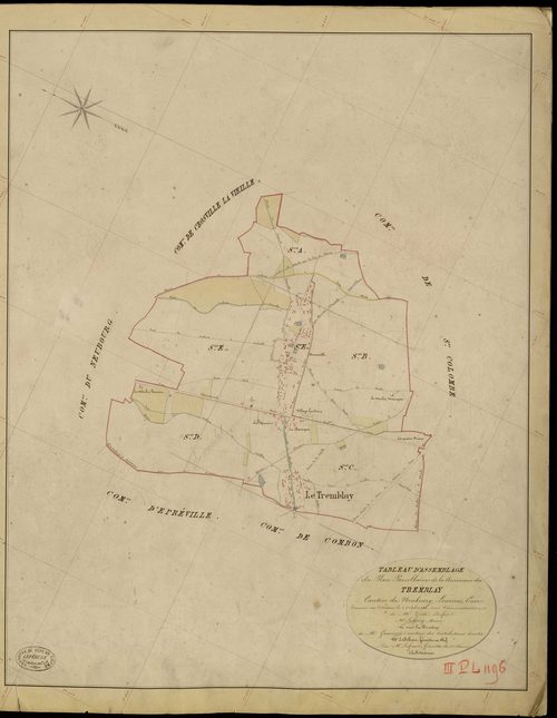 Tremblay-Omonville (Le). Tableau d'assemblage _ du Plan Parcellaire de la Commune de Tremblay _ Canton de Neubourg - Louviers - Eure. _ Terminé sur le Terrain le 3 Octobre 1842, sous l'administration de M. Zédé, Préfet _ M. Le Gouez, Maire 