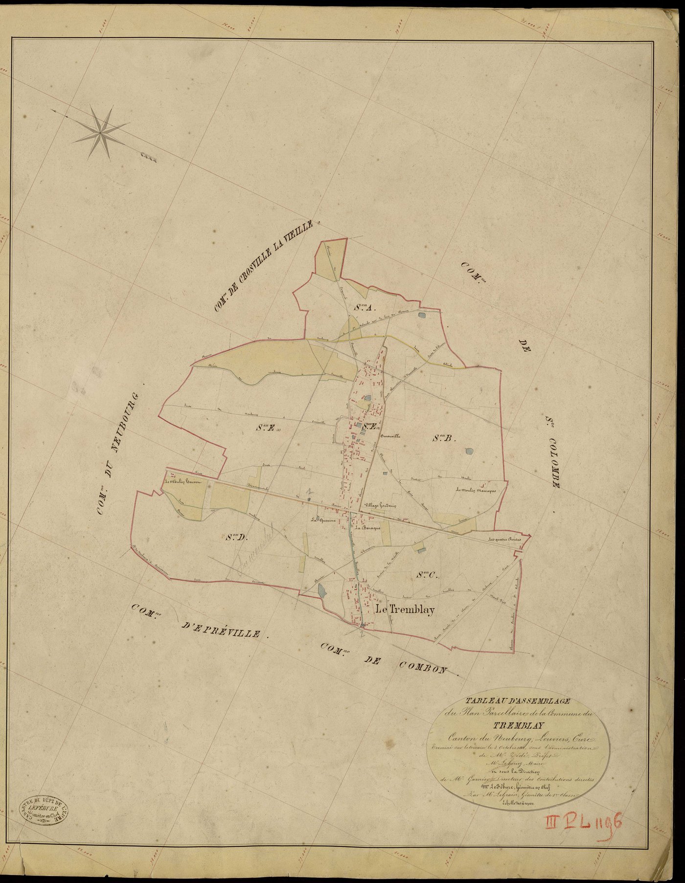 Tremblay-Omonville (Le). Tableau d'assemblage _ du Plan Parcellaire de la Commune de Tremblay _ Canton de Neubourg - Louviers - Eure. _ Terminé sur le Terrain le 3 Octobre 1842, sous l'administration de M. Zédé, Préfet _ M. Le Gouez, Maire 