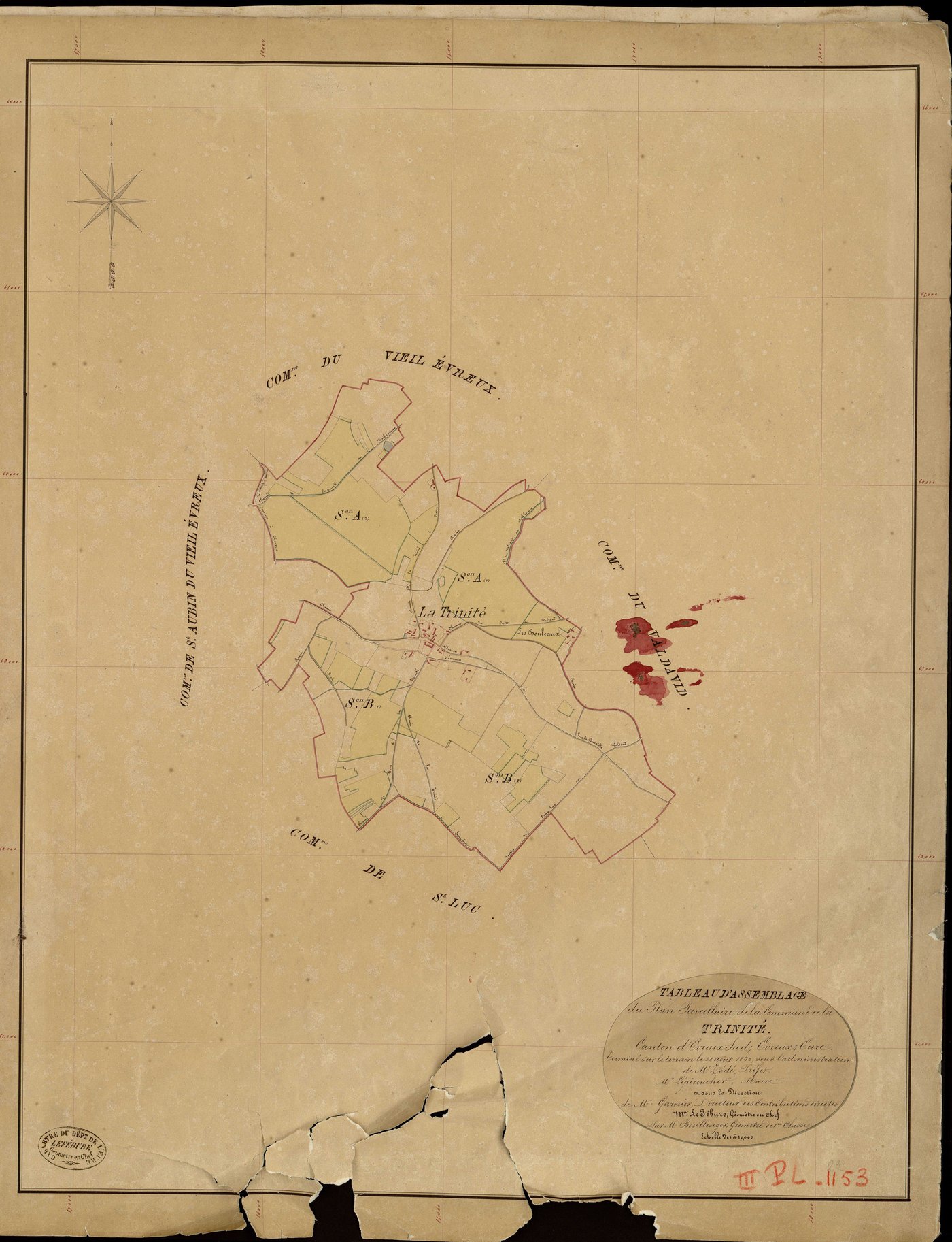 Trinité (La). Tableau d'assemblage _ du Plan Parcellaire de la Commune de la Trinité _ Canton de Evreux Sud - Evreux - Eure. _ Terminé sur le Terrain le 28 Aout 1842, sous l'administration de M. Zédé, Préfet _ M. Lépicoucher, Maire _ sous l