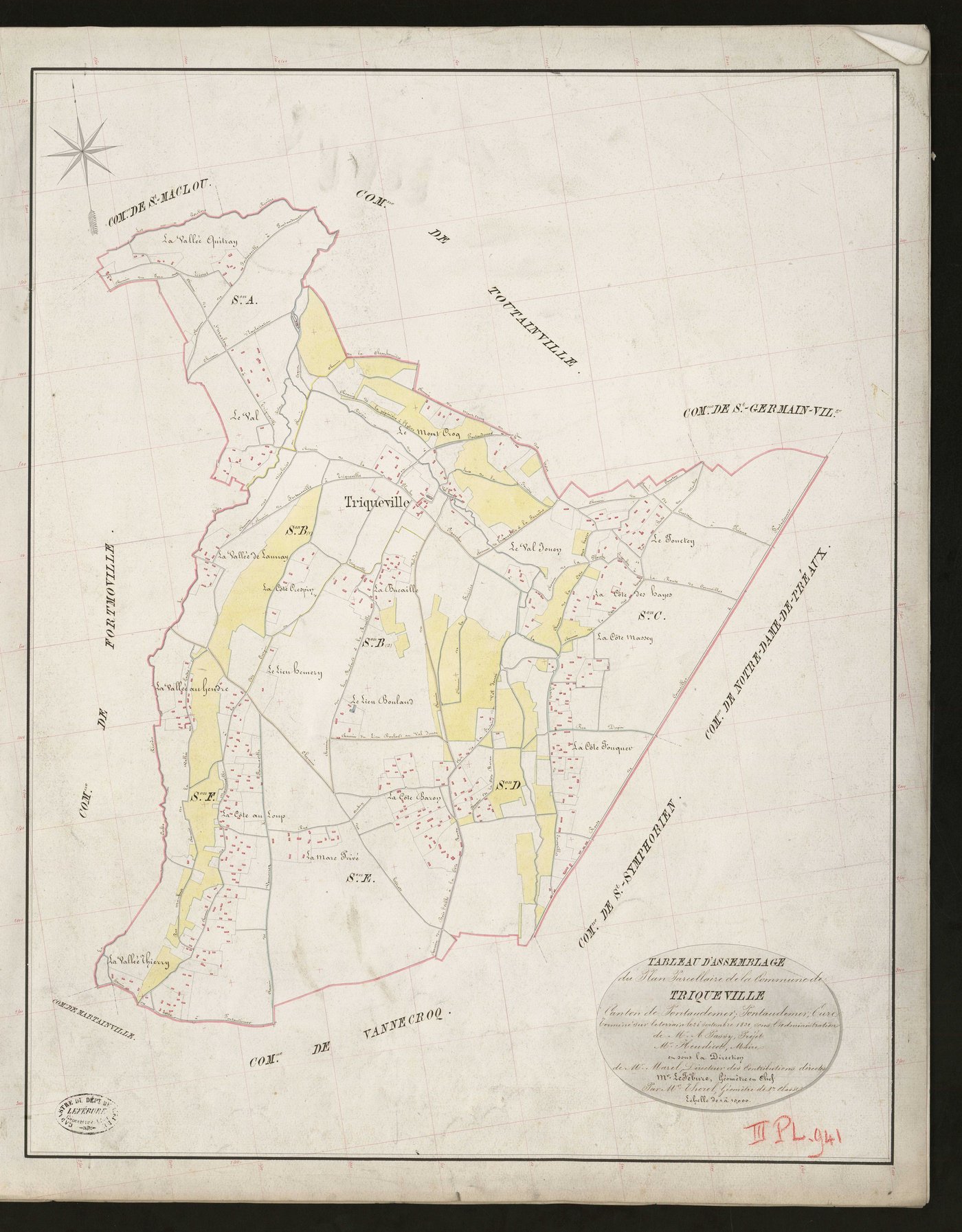 Triqueville. Tableau d'assemblage _ du Plan Parcellaire de la Commune de Triqueville _ Canton de Pontaudemer - Pontaudemer - Eure. _ Terminé sur le Terrain le 26 Septembre 1832, sous l'administration de M. A Passy, Préfet _ M. Heudicot, Mai