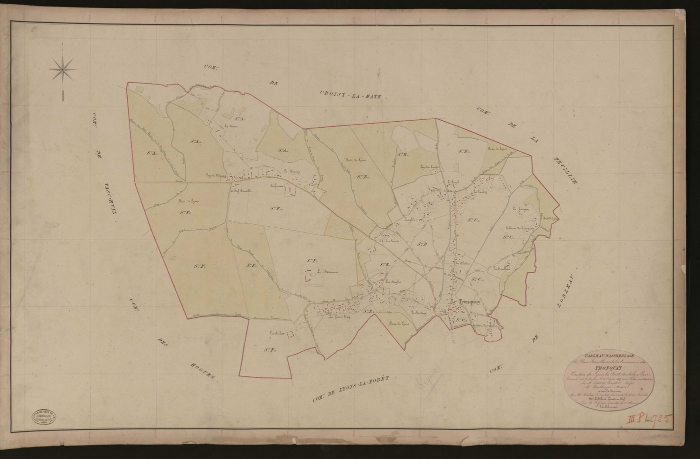 Tronquay (Le). Tableau d'assemblage du Plan Parcellaire de la Commune du Tronquay _ Canton de Lyons-la-Forêt - Andelys - Eure. _ Terminé sur le terrain le 21 octobre 1847, sous l'administration de M. Petit de Bandel, Préfet - M. Boullenger,