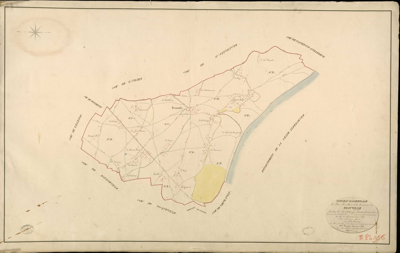 Trouville-la-Haule. Tableau d'assemblage _ du Plan Parcellaire de la Commune de Trouville _ Canton de Quillebeuf - Pontaudemer - Eure. _ Terminé sur le Terrain en 1824, sous l'administration de M. de Chambaudoin, Préfet _ M. Denize, Maire _