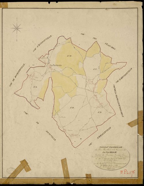 Vacherie (La). Tableau d'assemblage _ du Plan Parcellaire de la Commune de La Vacherie _ Canton de Louviers - Louviers - Eure. _ Terminé sur le Terrain en 1823, sous l'administration de M. Le Vicomte Raymond Delaitre, Préfet _ M. Dubosc, Ma