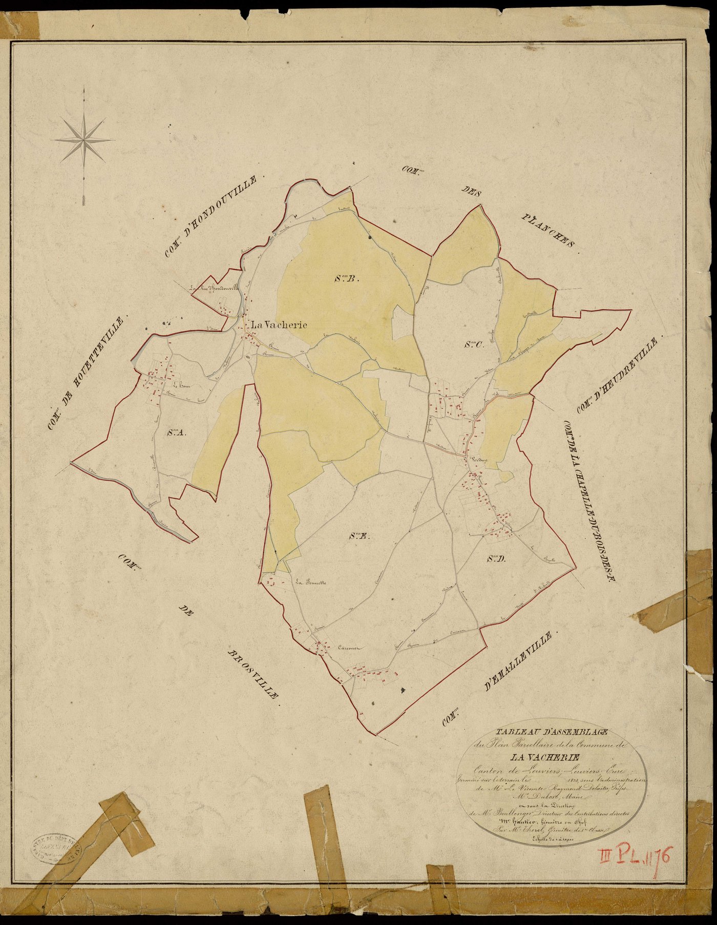 Vacherie (La). Tableau d'assemblage _ du Plan Parcellaire de la Commune de La Vacherie _ Canton de Louviers - Louviers - Eure. _ Terminé sur le Terrain en 1823, sous l'administration de M. Le Vicomte Raymond Delaitre, Préfet _ M. Dubosc, Ma