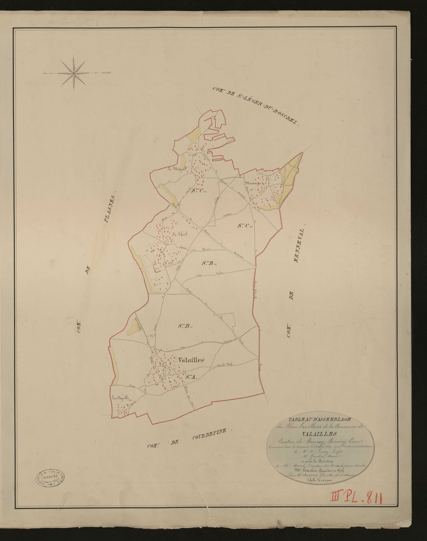 Valailles. Tableau d'assemblage _ du Plan Parcellaire de la Commune de Valailles _ Canton de Bernay - Bernay - Eure. _ Terminé sur le terrain le 26 août 1830, sous l'administration de M. A Passy, Préfet _ M. Gardien, maire _ en sous la Dire