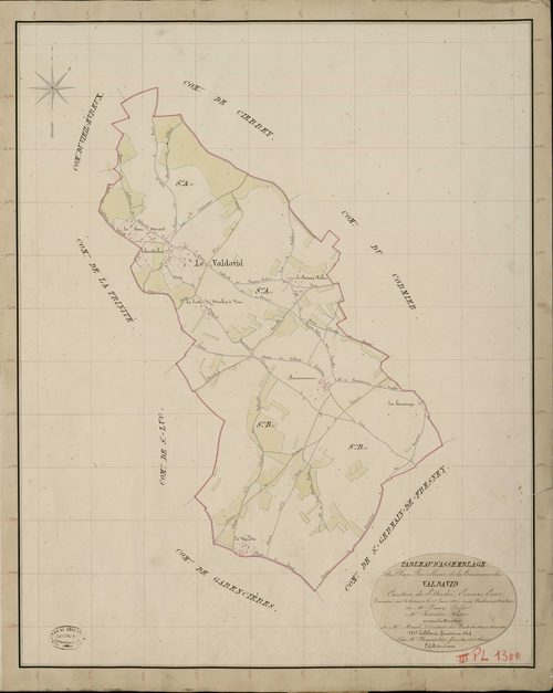 Val-David (Le). Tableau d'assemblage _ du Plan Parcellaire de la Commune de Valdavid _ Canton de Saint André - Evreux - Eure. _ Terminé sur le Terrain le 13 Juin 1837, sous l'administration de M. Passy, Préfet _ M. Boissière, Maire _ et sou