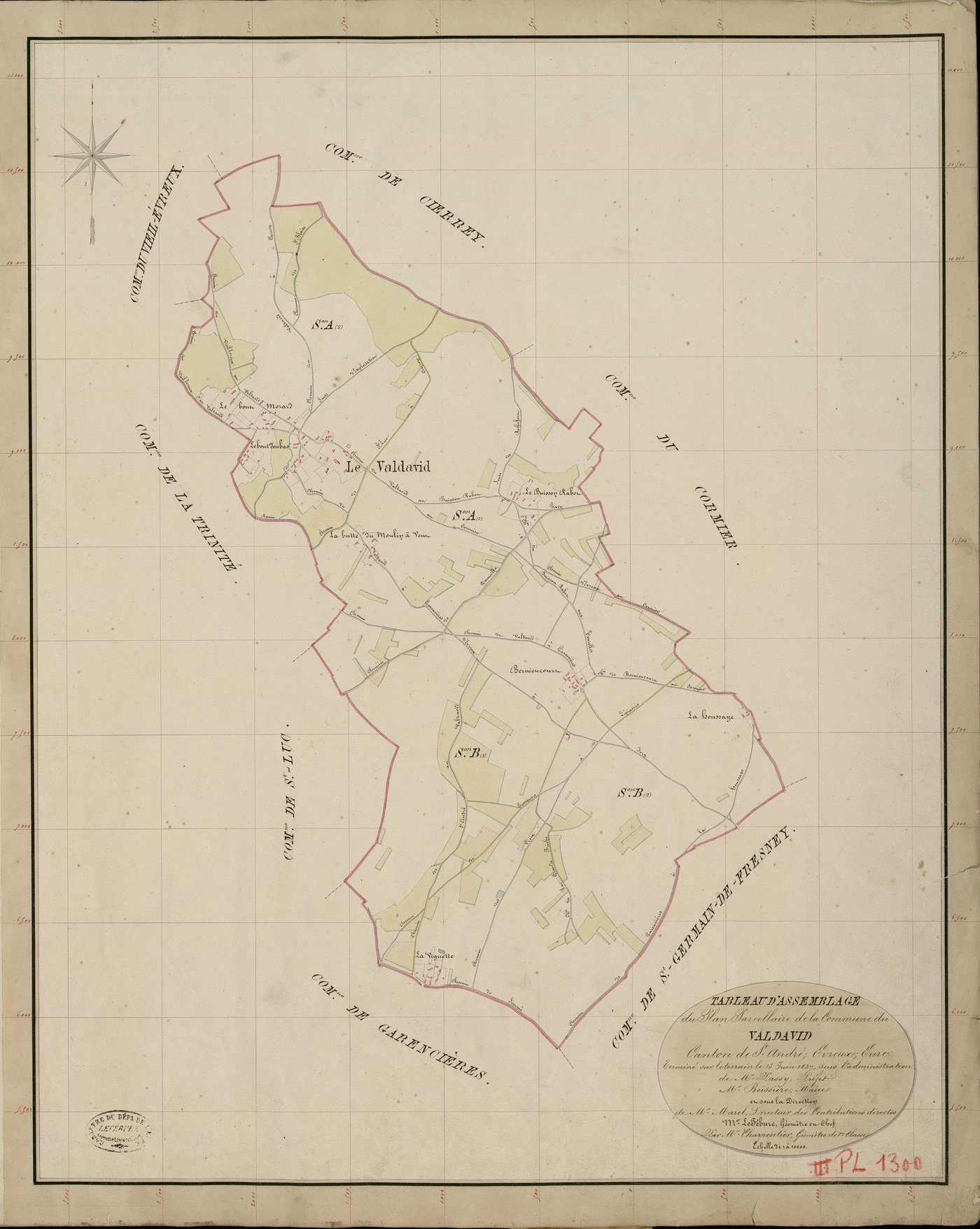 Val-David (Le). Tableau d'assemblage _ du Plan Parcellaire de la Commune de Valdavid _ Canton de Saint André - Evreux - Eure. _ Terminé sur le Terrain le 13 Juin 1837, sous l'administration de M. Passy, Préfet _ M. Boissière, Maire _ et sou
