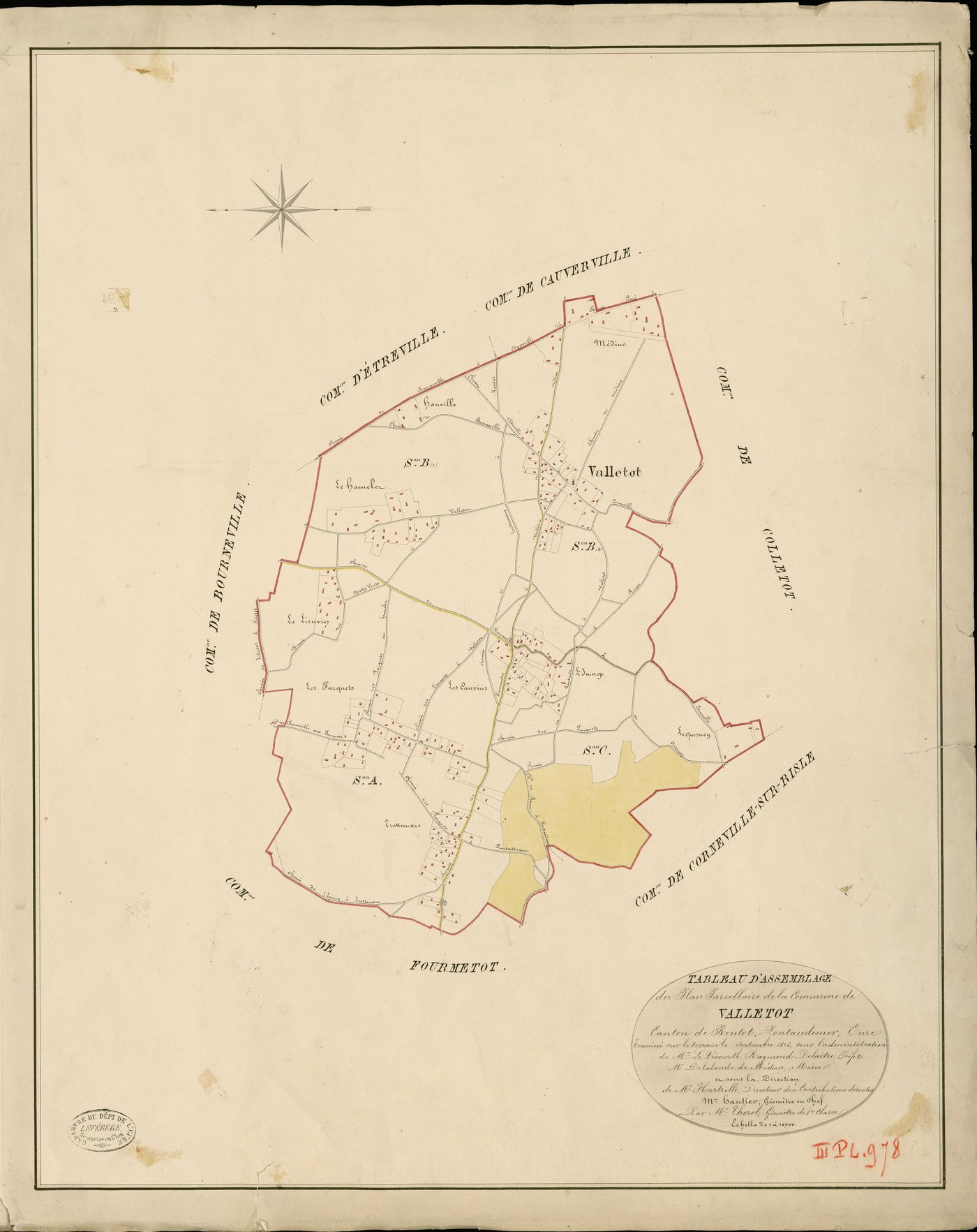 Valletot. Tableau d'assemblage _ du Plan Parcellaire de la Commune de Valletot _ Canton de Routot - Pontaudemer - Eure. _ Terminé sur le Terrain en septembre 1826 , sous l'administration de M.Le Vicomte Raymond Delaitre, Préfet _ M.Delalond