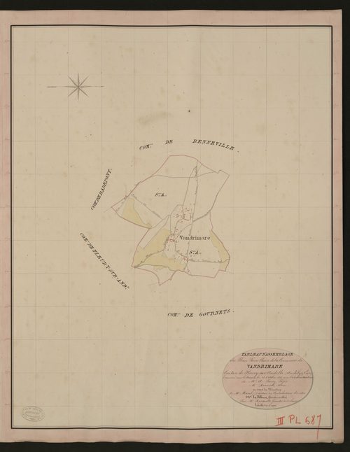Vandrimare. Tableau d'assemblage du Plan Parcellaire de la Commune de Vandrimare. _ Canton de Fleury-sur-Andelle - Andelys - Eure. _ Terminé sur le terrain le 23 octobre 1835, sous l'administration de M. A. Passy, Préfet - M. Roussel, Maire