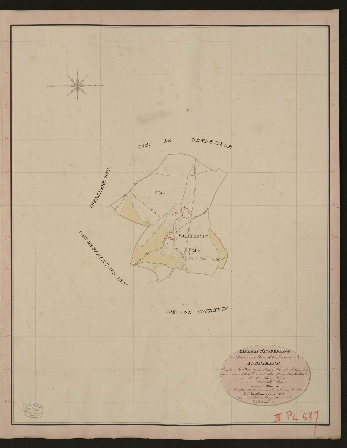 Vandrimare. Tableau d'assemblage du Plan Parcellaire de la Commune de Vandrimare. _ Canton de Fleury-sur-Andelle - Andelys - Eure. _ Terminé sur le terrain le 23 octobre 1835, sous l'administration de M. A. Passy, Préfet - M. Roussel, Maire