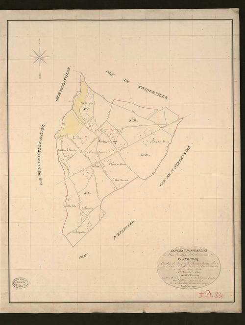 Vannecrocq. Tableau d'assemblage _ du Plan Parcellaire de la Commune de Vannecroq _ Canton de Beuzeville - Pontaudemer - Eure. _ Terminé sur le terrain le 31 décembre 1833, sous l'administration de M. A Passy, Préfet _ M. Lemaitre, maire _ 