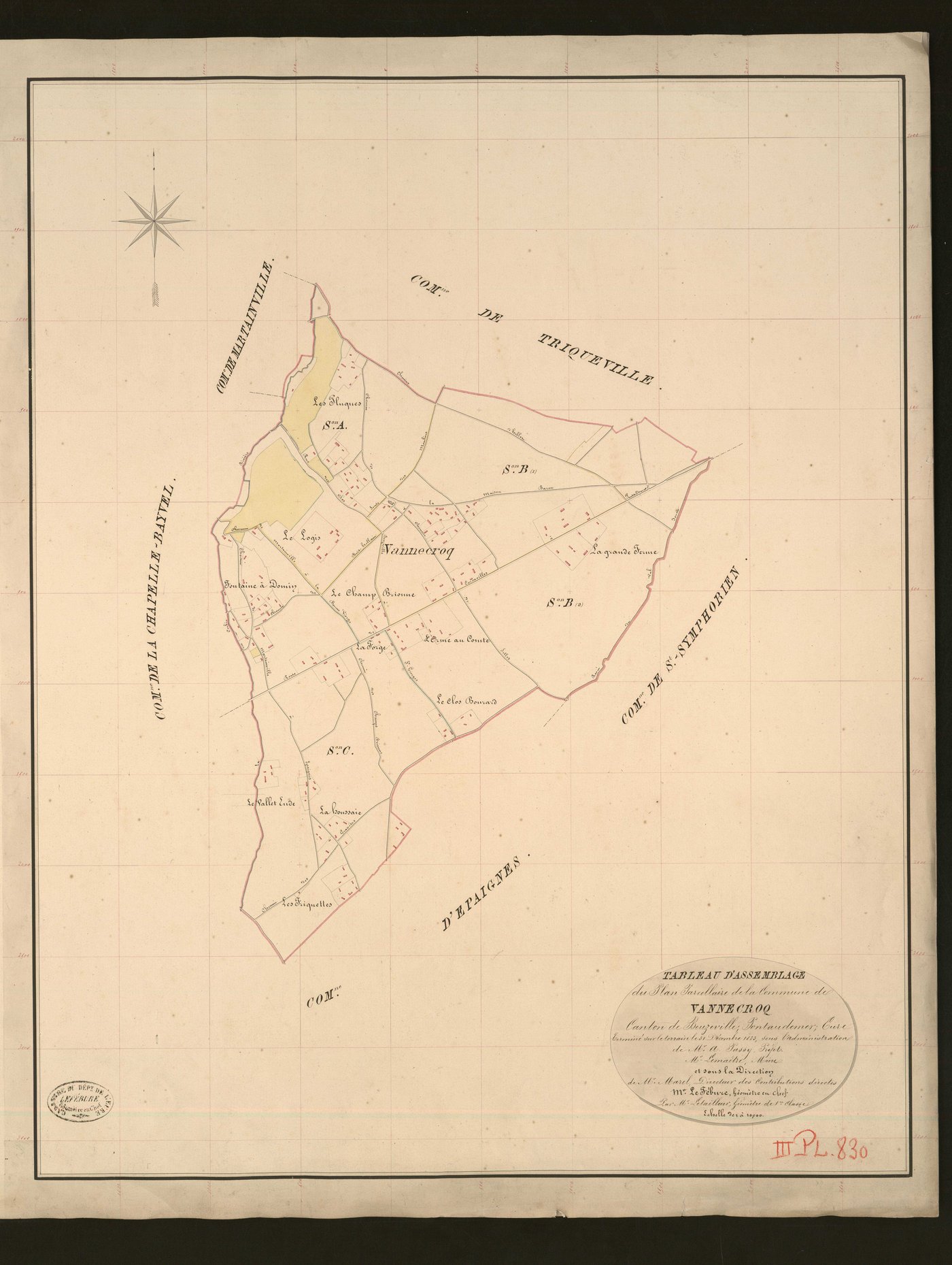 Vannecrocq. Tableau d'assemblage _ du Plan Parcellaire de la Commune de Vannecroq _ Canton de Beuzeville - Pontaudemer - Eure. _ Terminé sur le terrain le 31 décembre 1833, sous l'administration de M. A Passy, Préfet _ M. Lemaitre, maire _ 